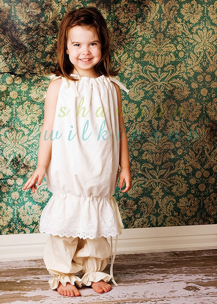 Girls Antique White Eyelet Pillowcase Dress with ribbon detail & Matching Pants