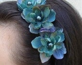Deep Teal and Purple Flower Headband with Pearl Center - neesiedesigns Deep Teal and Purple Flower Headband with Pearl Center - neesiedesigns