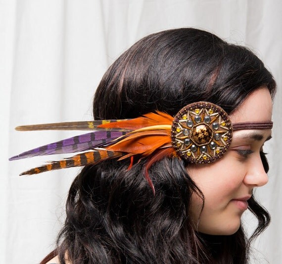 Tribal Beaded Bohemian Feather Headband - gypsy, hippie, warrior, black, rust, orange