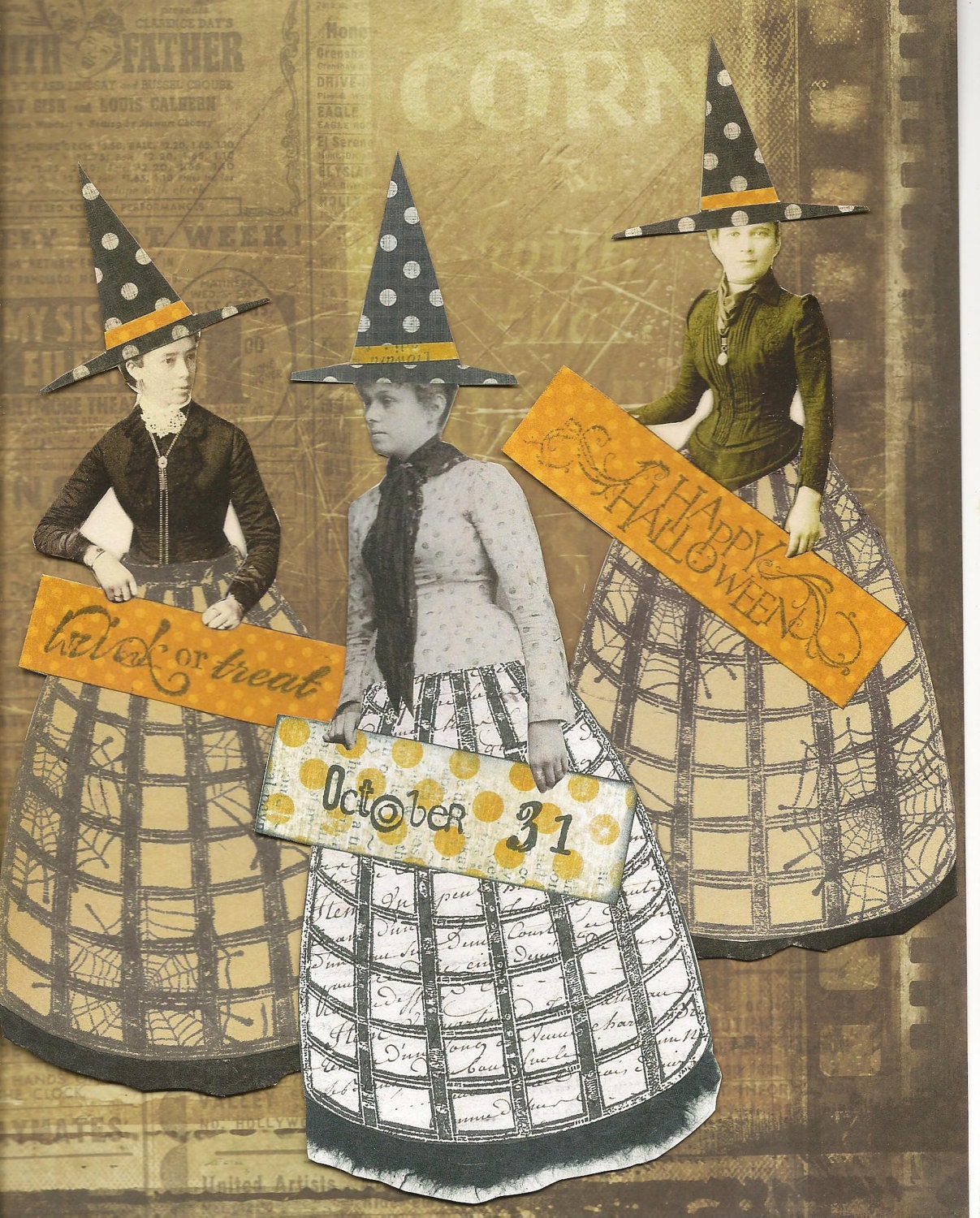 SALE-Halloween Witches Altered Art Mixed Media Paper Set of 3
