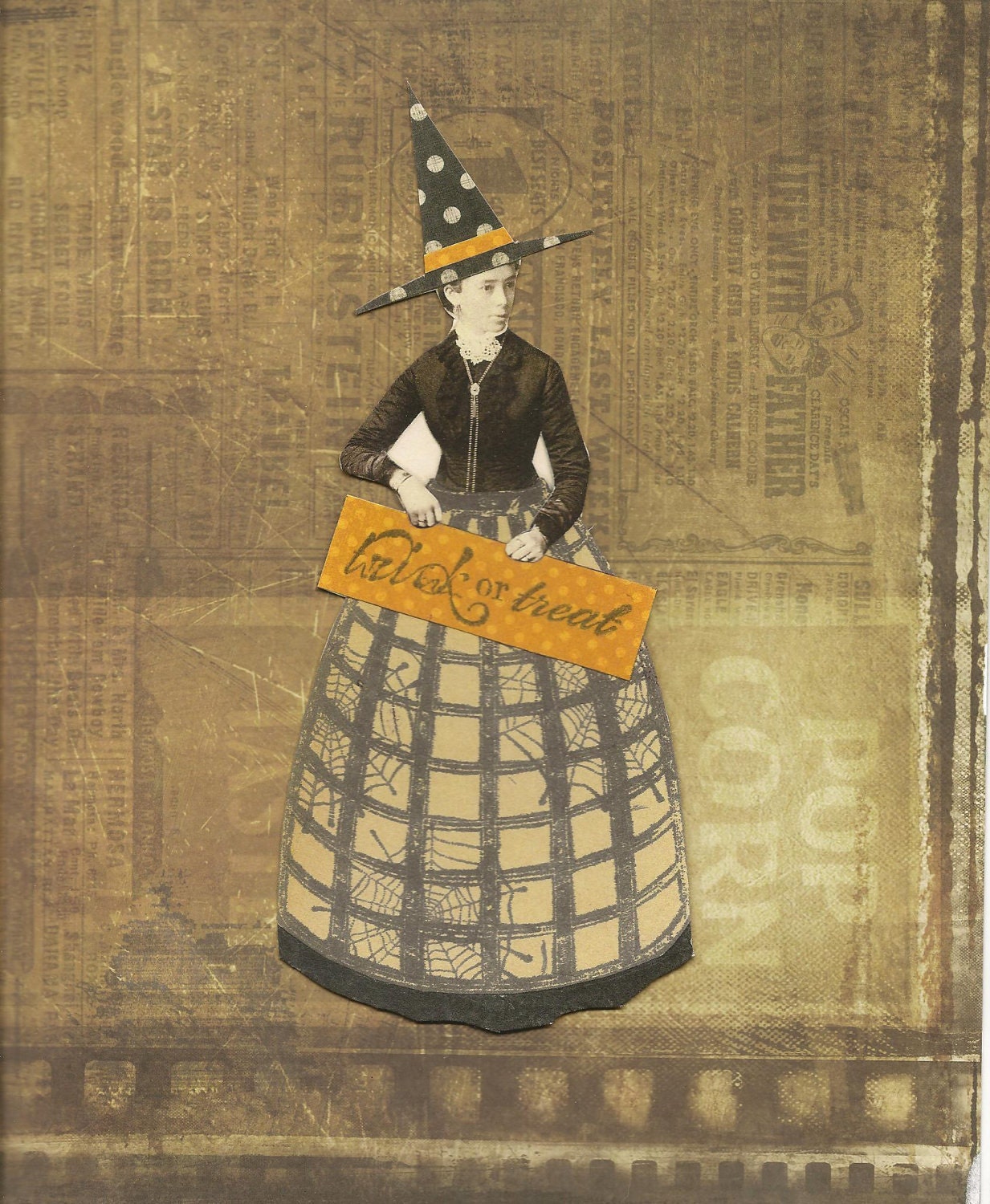 SALE-Halloween Witches Altered Art Mixed Media Paper Set of 3