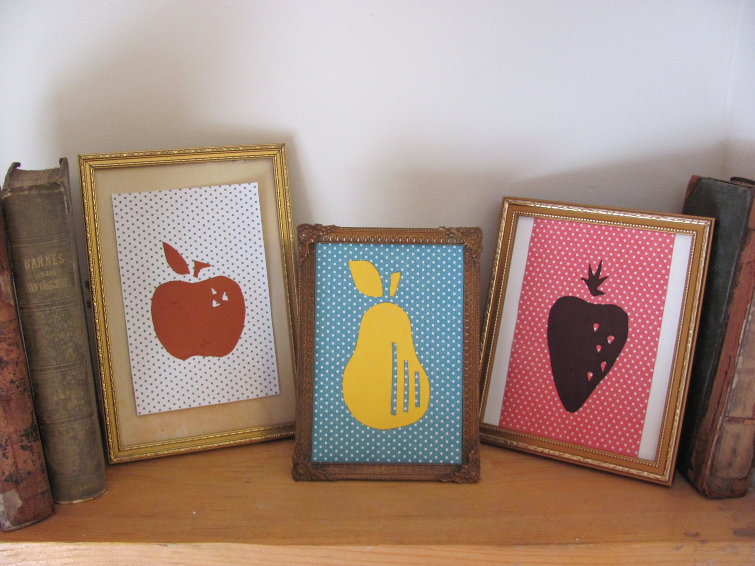 Hand Cut Art. Set of Three. Colorful Fruit. Polka Dots.