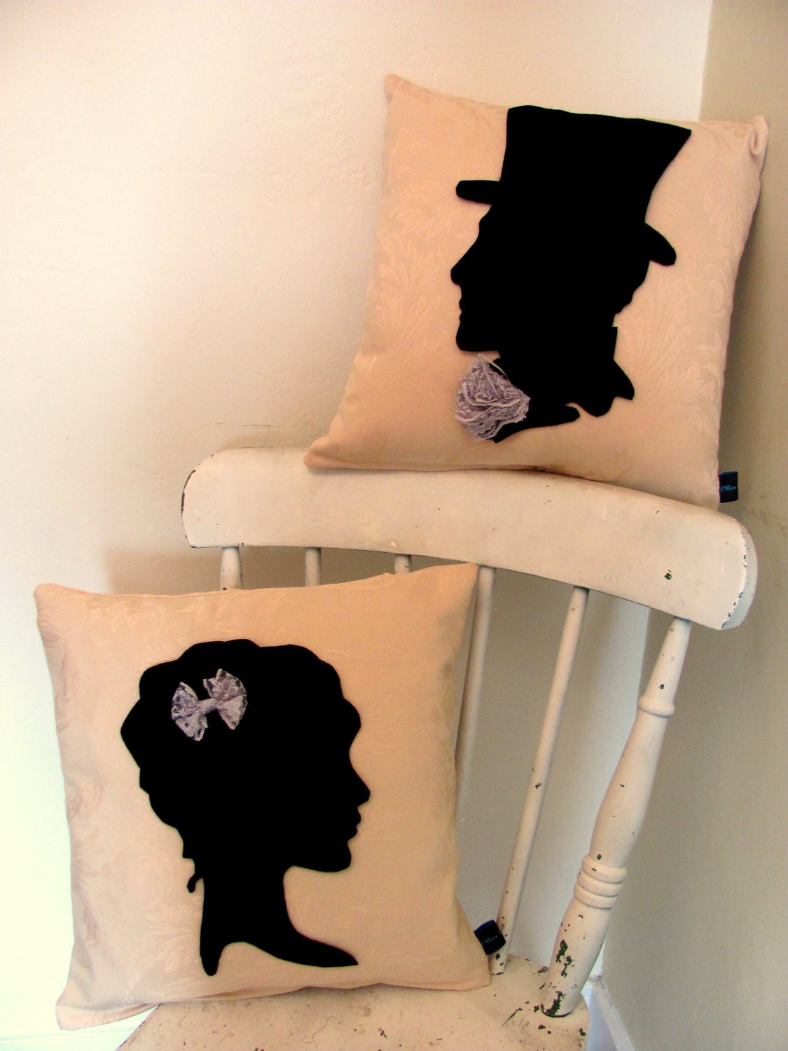 1800s Silhouette Pillows. Lady & Gentleman with Lace Accents. Top Hat Design.