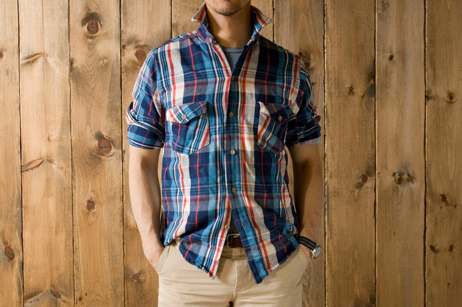 Vintage Blue Plaid Cotton Flannel Shirt