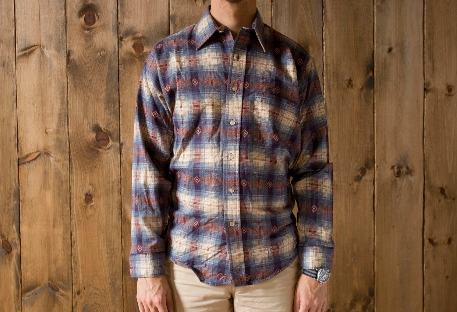 Vintage Southwestern Style Cotton Flannel Shirt in Blue Plaid