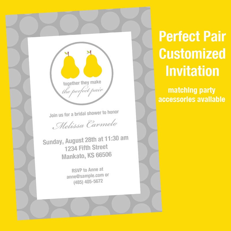 Perfect Pair Pears Wedding Shower Invitation CUSTOMIZED JPEG Printable