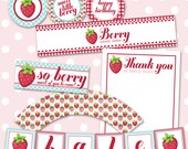 Strawberry Birthday Party or Shower Printable JPEG (Cupcake Topper & Wrapper, Water Bottle Labels, Thank You, Treat Bags, Banner) Il_170x135