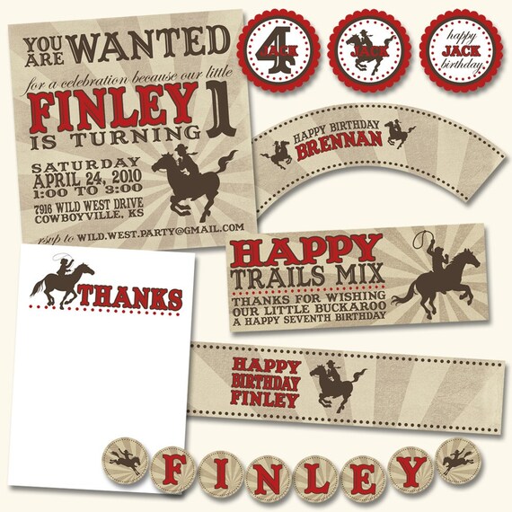 Cowboy Party Pack JPEG (Invitation, Cupcake Topper and Wrapper, Bottle Label, Thank You Notes, Treat Bags, Banner) Il_570xn