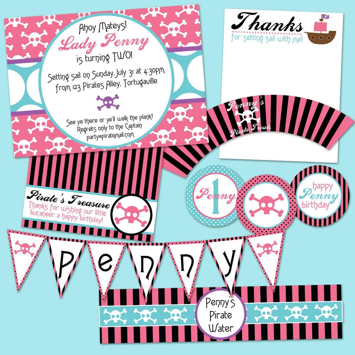 Girl Pirate Party Pack JPEG (Invitation, Cupcake Topper and Wrapper, Water Bottle Label, Thank You Notes, Treat Bags, Banner)