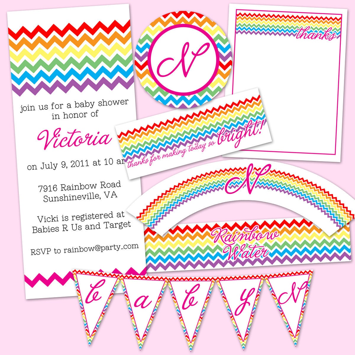 Chevron Rainbow Shower Birthday Invitation JPEG