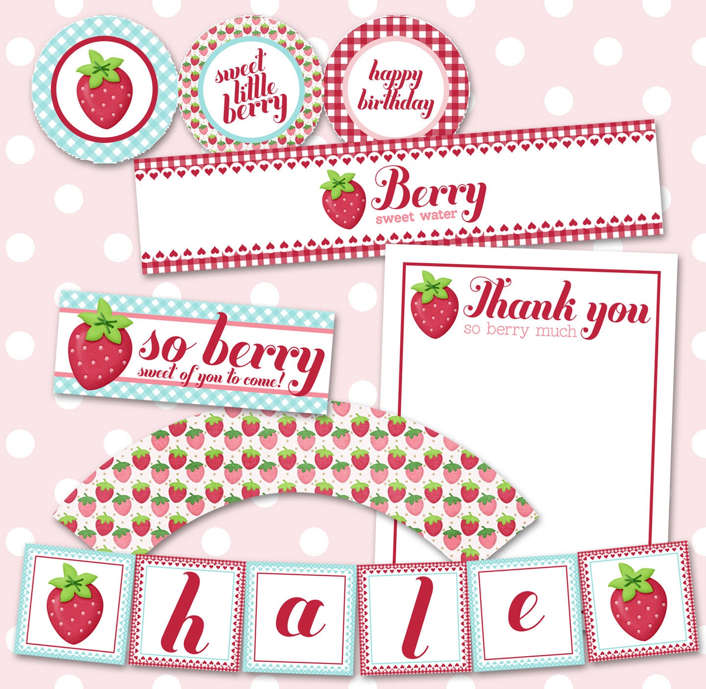 Strawberry Birthday Party or Shower Printable JPEG (Cupcake Topper & Wrapper, Water Bottle Labels, Thank You, Treat Bags, Banner)