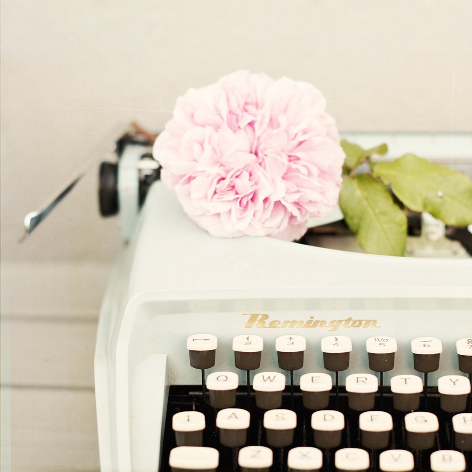 Remington and rose -  fine art photography print - vintage light blue typewriter with pink rose dreamy whimsical spring photograph