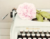 Remington and rose - 5 x 5 romantic, sweet fine art photography print - vintage light blue typewriter with pink rose