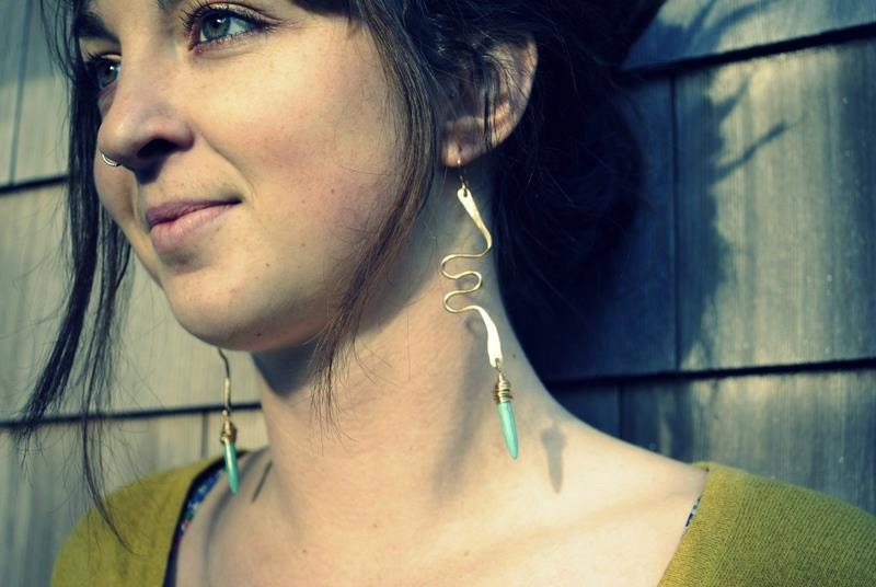 Bronze Zig Zag and Turquoise Spike Earrings - RootsAndWingsJewelry