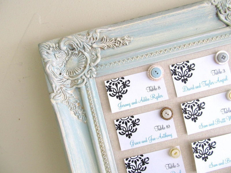 Framed Magnet Board  Wedding ESCORT CARD HOLDER Picture Display Table Cards Shabby Chic Robins Egg Blue Wood Sign Decor