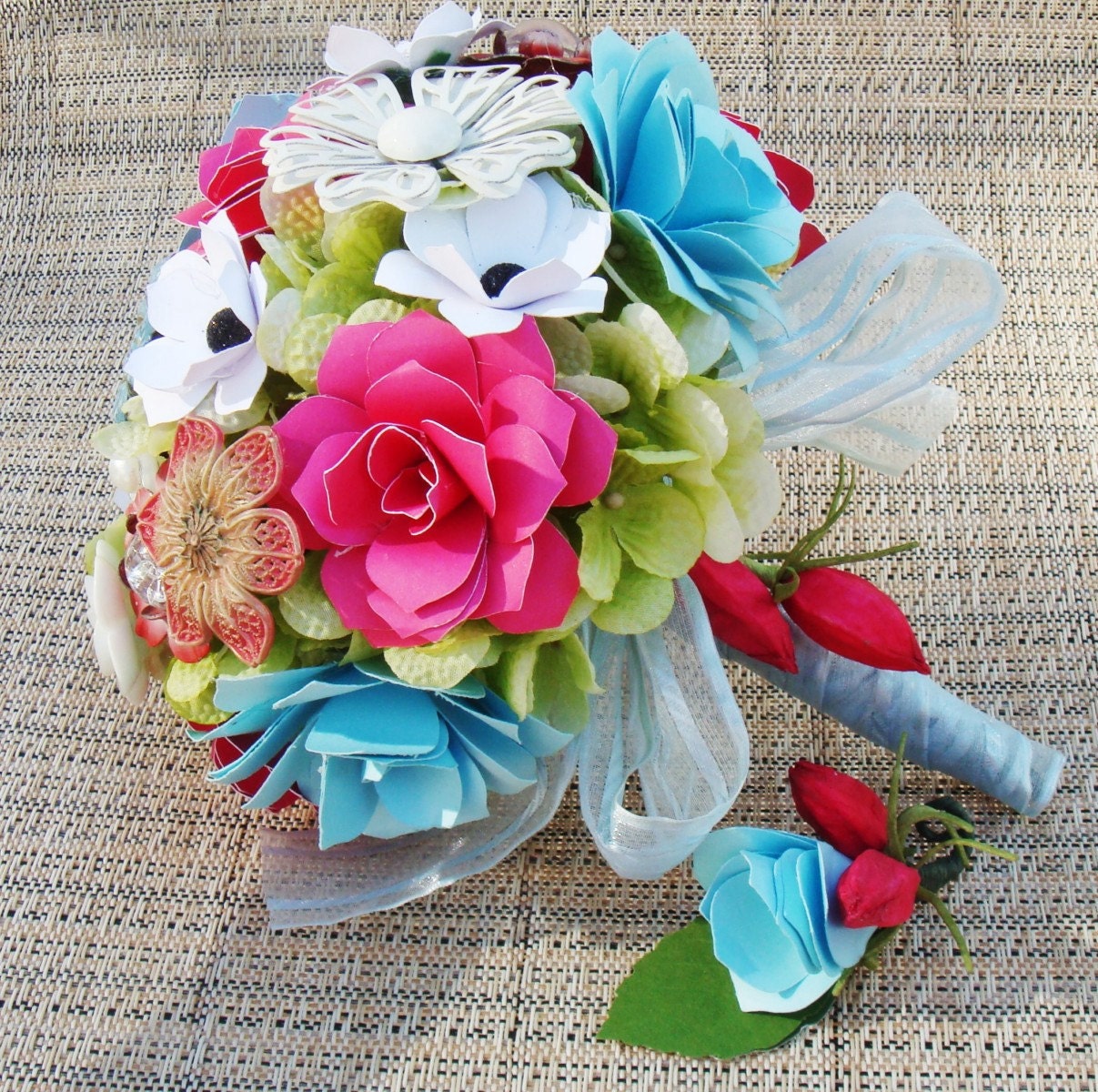 Vintage Brooches Paper Flowers Aqua Hot Pink and White Anemones Ready to Ship