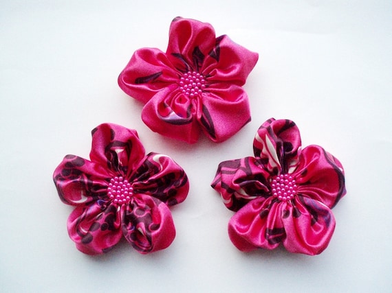 Hot Pink-Purple Flowers Handmade Appliques Embellishments(3 pcs)