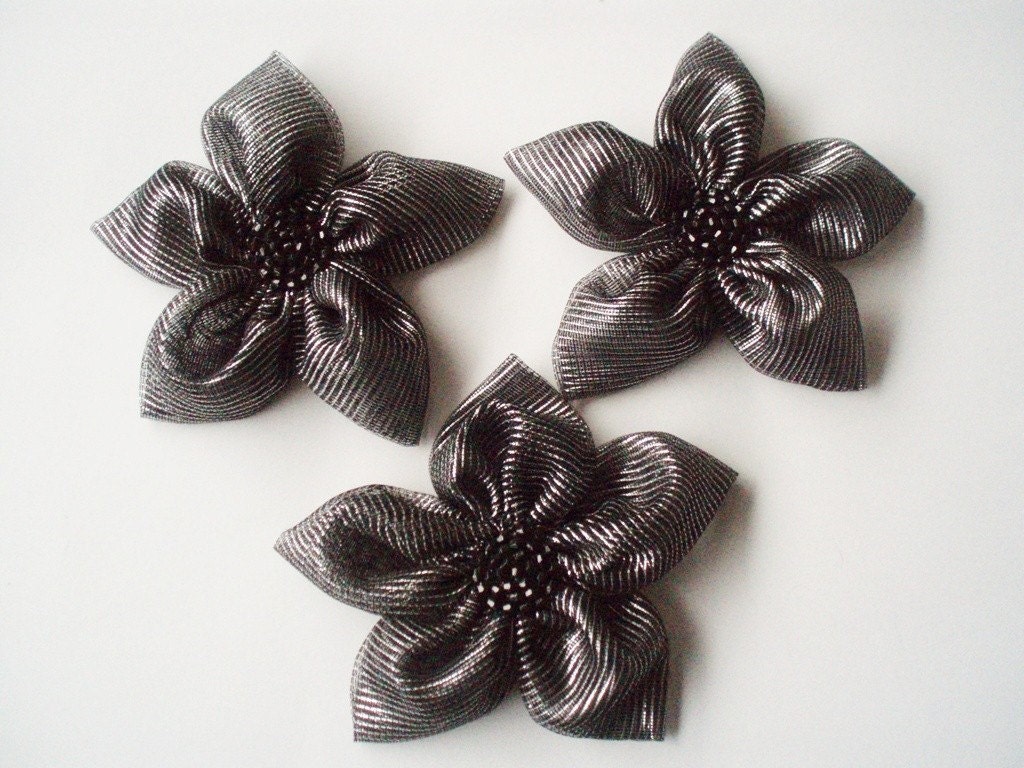 Black with Silver Stripes Flowers Handmade Appliques Embellishments(3 pcs)
