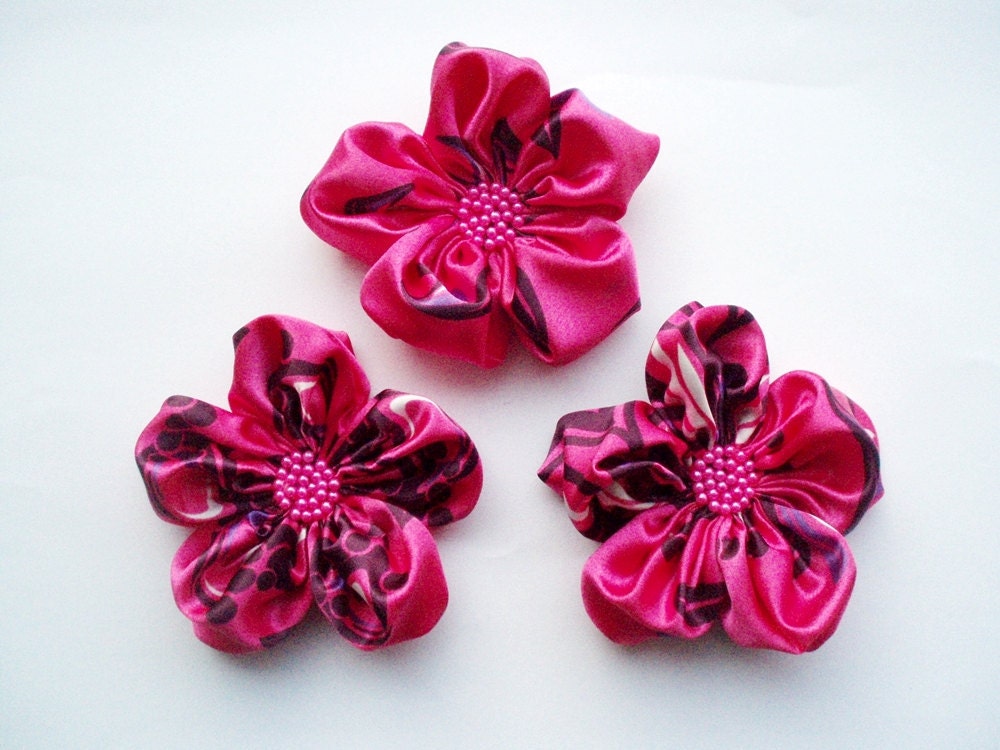 Hot Pink-Purple Flowers Handmade Appliques Embellishments(3 pcs)