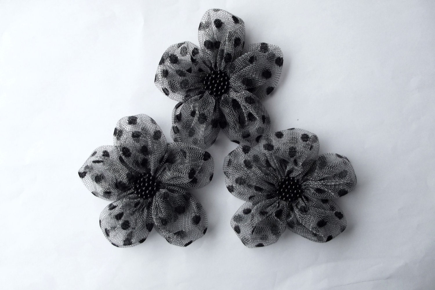 Grey Tulle with Black Dots Flowers Handmade Appliques Embellishments(3 pcs)