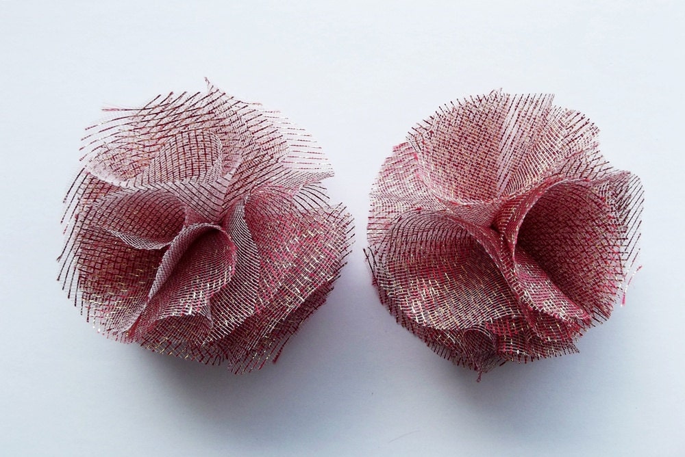 Red&Golden Pom Pom Flowers Handmade Appliques Embellishments(2 pcs)