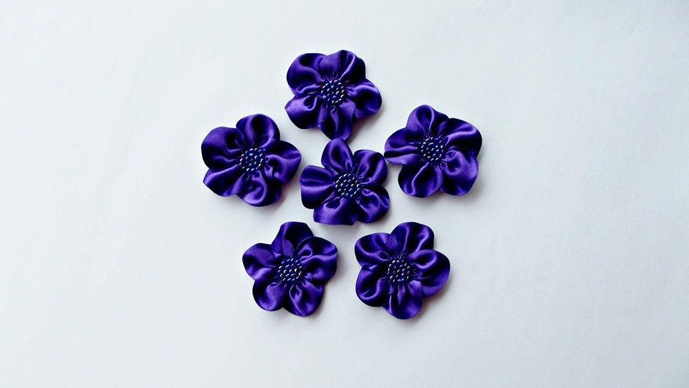 Handmade Purple Medium Ribbon Flower Appliques Embellishments (6pcs)
