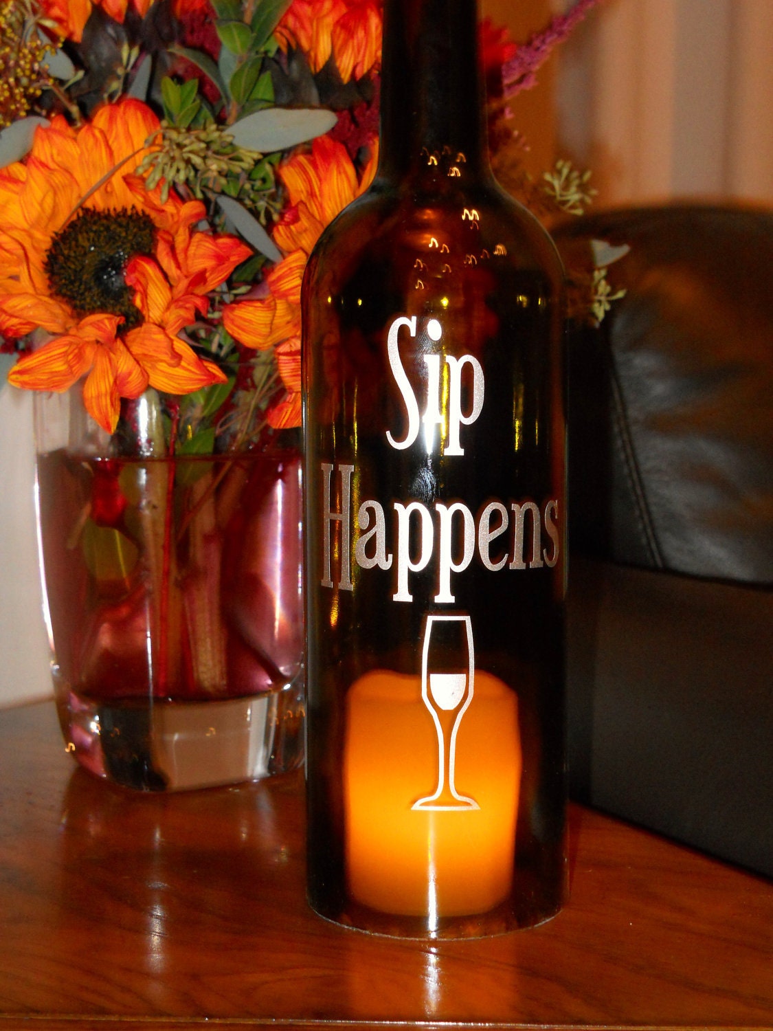 Wine Bottle Hurricane Lantern- Sip Happens