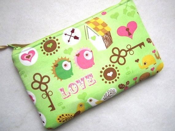 Zip Pouch Purse Gadget Coin Case Padded -Hedgehogs OWLS love BIRDS- Green Pink brown yellow White