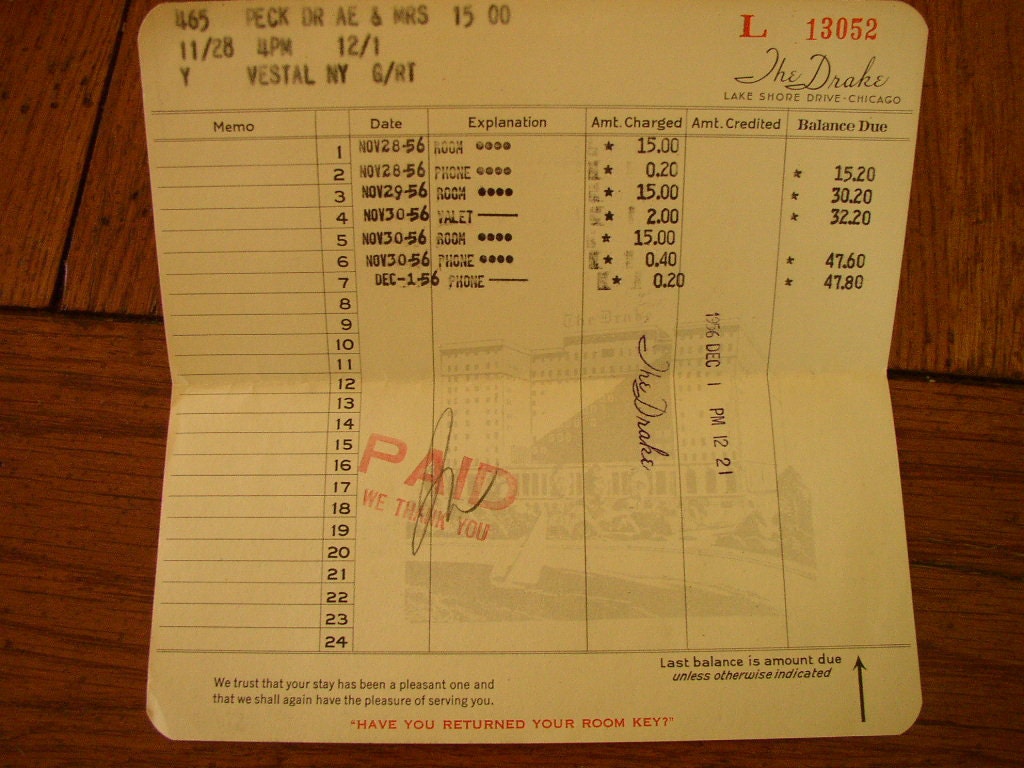 Drake Hotel Chicago IL 1956 Paper Vintage Bill Illinois