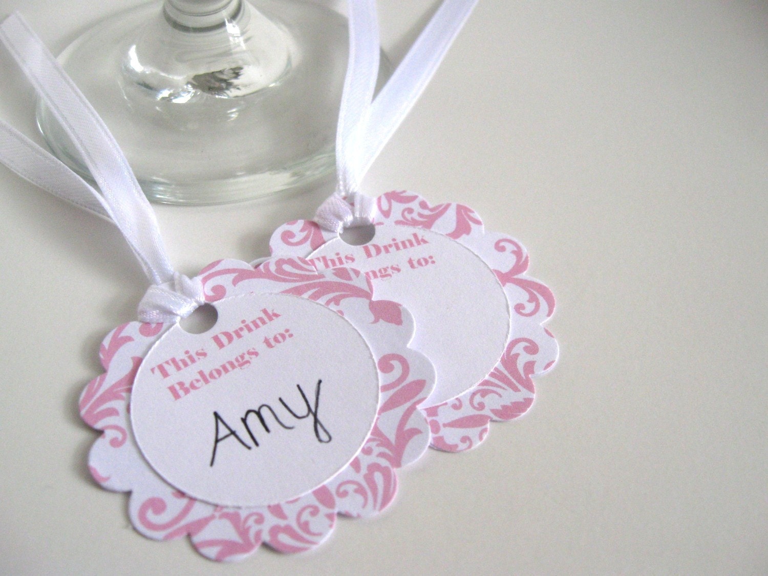 Pink Damask Wine Charms, Drink Glass Tags, Place Cards - Set of 15, Additional Quantities Available