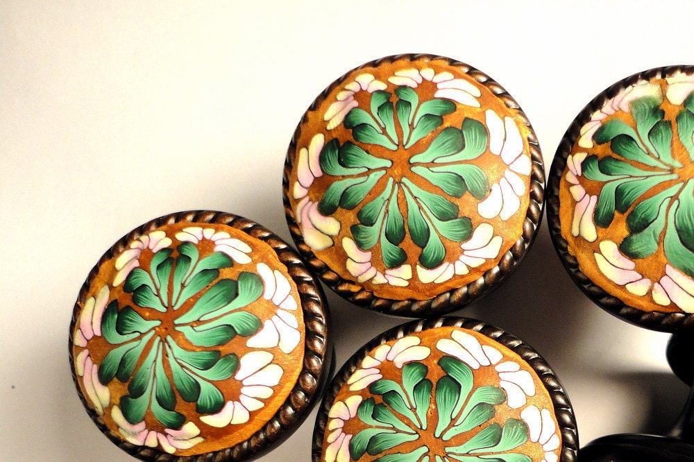 Cabinet Knobs/ Pulls ..set of SIX  Polymer Clay..Petals are VANILLA With just a touch of Blush