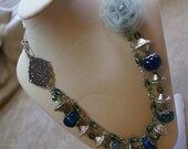 Dreaming in a Blue Flower Necklace - Blue Agate, Silver, Czech Glass and Lace Flower Necklace
