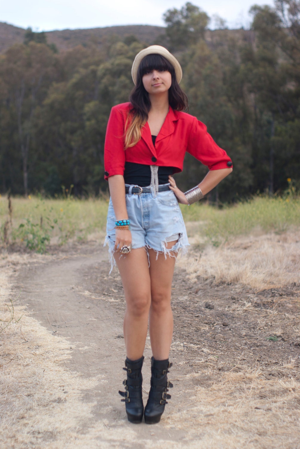 Vintage 80s New Wave Cropped Red Jacket with Black Circle Buttons
