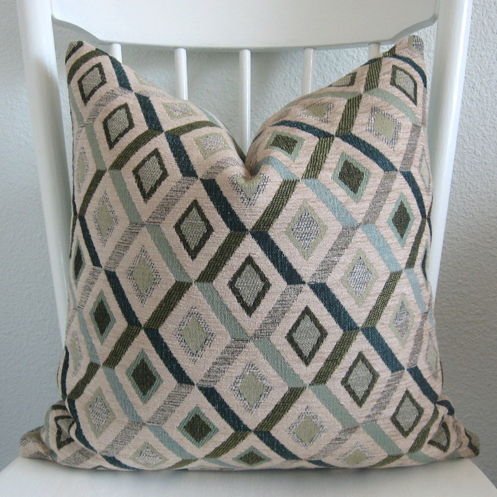 Accent pillow - throw pillow - decorative pillow - 18x18 - diamond lattice - vintage blue - green tones - pillow cover