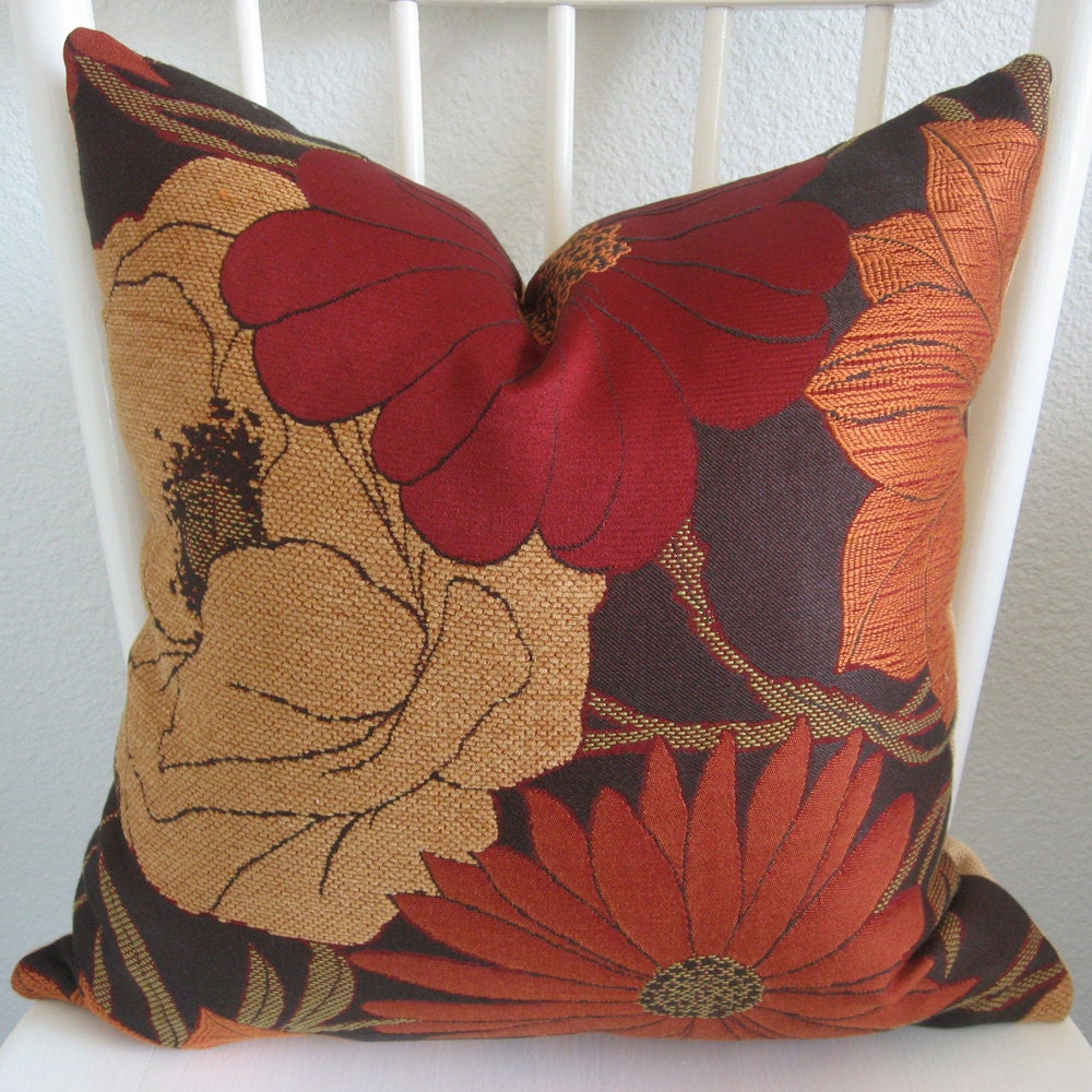 Accent pillow - throw pillow - decorative pillow - 18X18 - rich autumn tones red brown and orange - floral