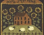 Primitive Folk Art Punchneedle Embroidery Pattern:  SUNFLOWER HOUSE  --  Weavers Cloth with Preprinted Design Included.