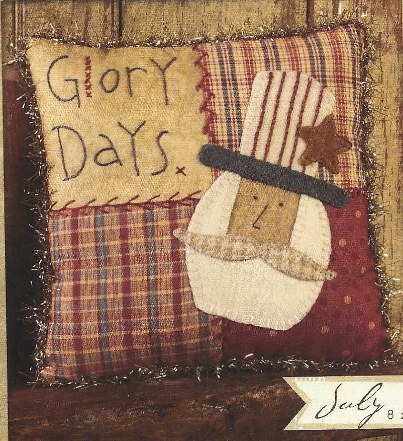 Primitive Folk Art Wool Applique Pattern:  JULY - PATCHWORK PILLOW