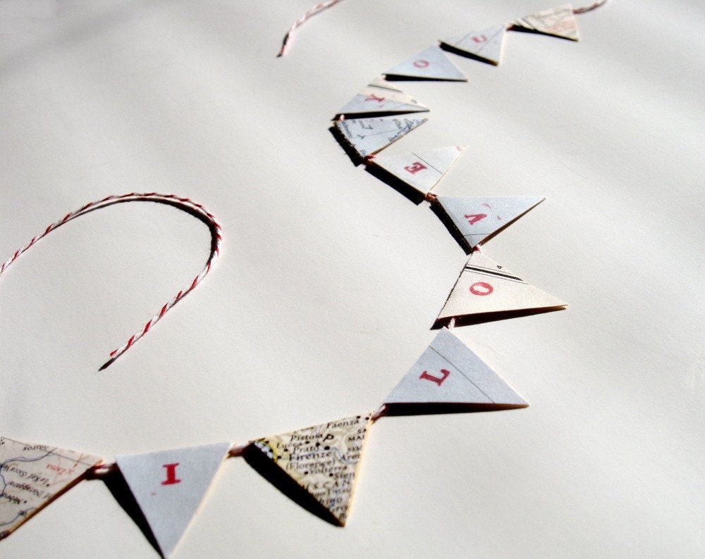 I LOVE YOU Mini Pennant Banner Flag Bunting From Vintage Map