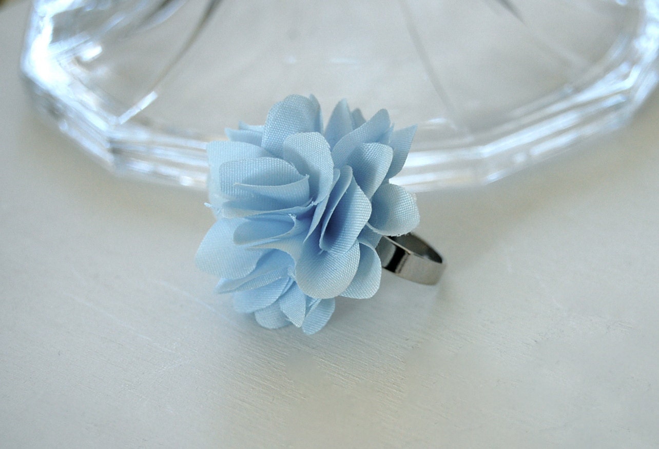 Powder / Capri Blue Fabric Flower Statement Ring - Adjustable - Several Color Options
