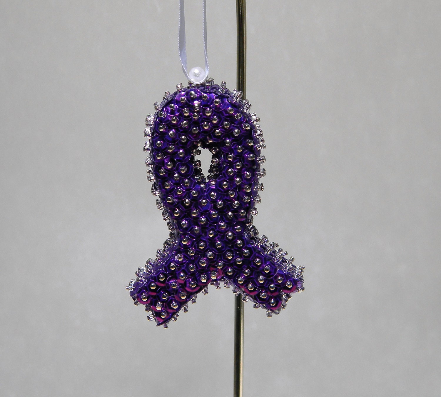 Beaded Sequin Christmas Ornament Handmade  Purple Awareness Ribbon  Alzheimers,  Fibromyalgia