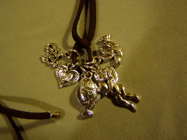 Vintage Cookie Lee Black Cord Necklace With 5 Silver Tone Charms Early 1990s  3167