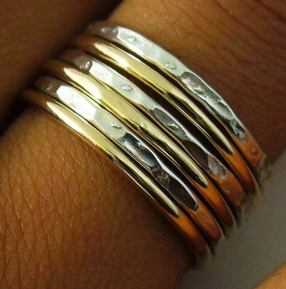 Sterling Silver Gold Filled 6 Band Hammered Polished Mix Stack Ring Set