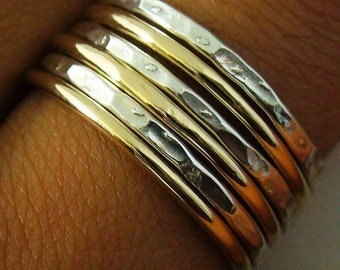 Sterling Silver Gold Filled 6 Band Hammered Polished Mix Stack Ring Set