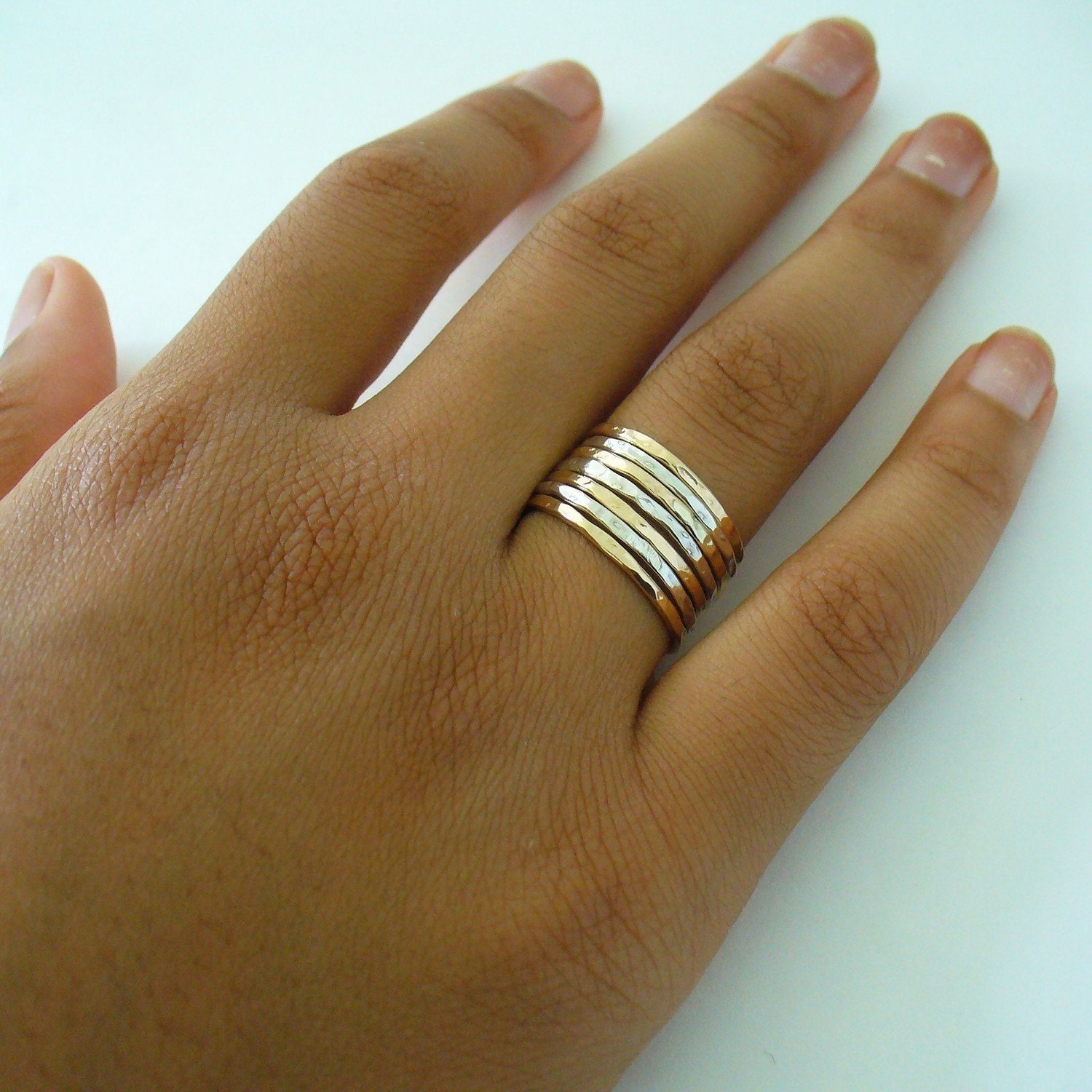 Hammered Sterling Silver 12 kt Gold Filled 7 Band Stack Ring Set