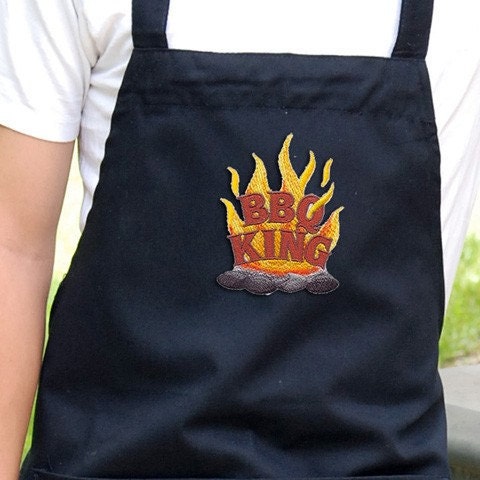 Mens Grilling Apron , Chef Bib Apron with Pockets Embroidered BBQ King Optional Personalization Available