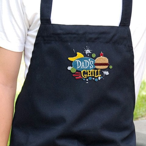 Mens Grilling Apron , Chef Apron with Pockets Embroidered Retro Dads Grill Optional Personalization Available