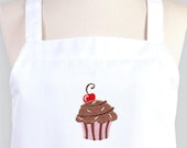 Womens Apron , Chef Bib Apron with Pockets Embroidered Whimsical Chocolate Raspberry Cupcake, Optional Personalization Available