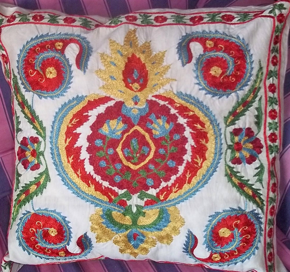 Hand Embroidered Pillow/ Cushion VICTORIAN Red and Yellow