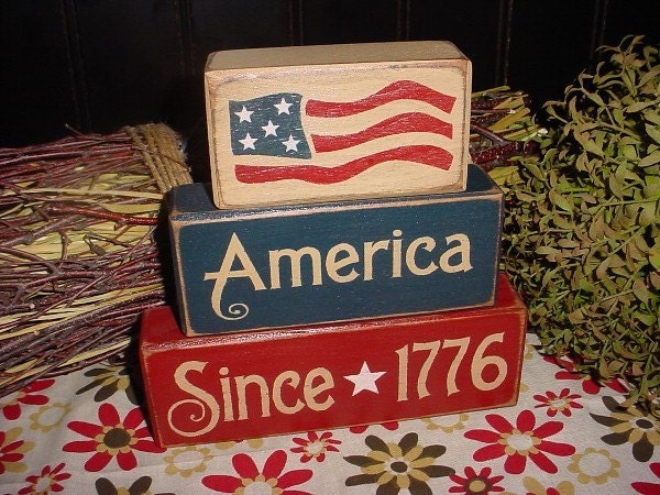 AMERICA SINCE 1776 Flag Patriotic Americana Decor Summer Wood Sign Shelf Blocks Primitive Country Rustic Home Decor Gift