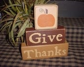 GIVE THANKS Turkey or Pumpkin Fall Colors Wood Sign Letter Shelf Blocks Primitive Country Rustic Holiday Seasonal Home Decor